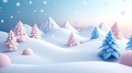 Pastel winter wonderland scene with stylized trees and mountains