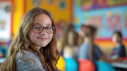 Portrait of a young shy girl in a classroom, cute student
