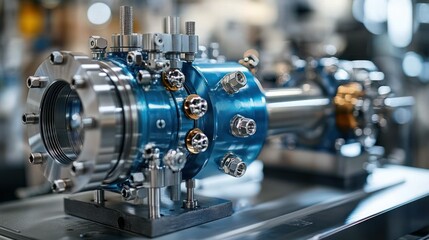 Fototapeta premium High-precision scientific instrument. Complex, engineered components, precisely machined, for advanced research. Multiple connection points, various metallic materials, complex system