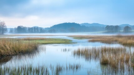 Misty morning over a tranquil marsh