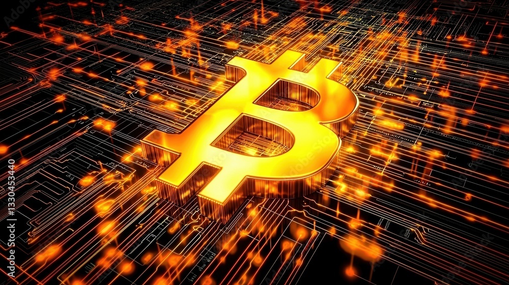Poster golden bitcoin symbol illuminated against a digital circuit board backdrop representing cryptocurren