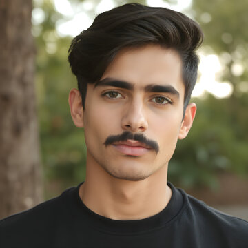 Rasgos fuertes y bigote elegante en un joven sofisticado