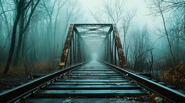 Foggy forest railroad bridge creates an eerie feeling in the quiet wilderness along wooden planks