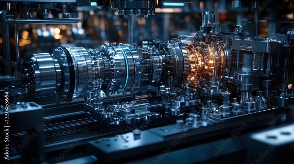 Poster high-precision machinery component assembly. complex gear system undergoing final stages of manufact
