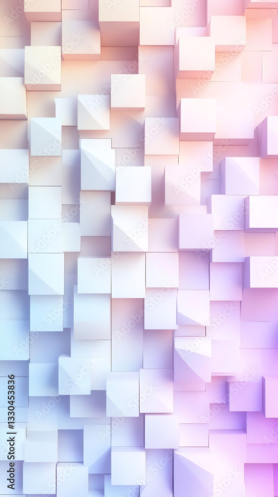 Poster Abstract geometric background with white cubes forming a three-dimensional wall, illuminated by pastel colors creating a modern and minimalist design