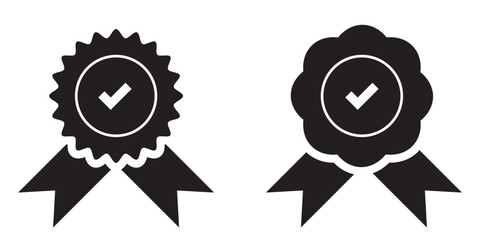 certified medal icon check mark symbol, premium quality icon sign - Approval badge ribbon icon tick mark symbol