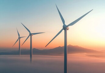 Fototapeta premium Stunning image of three modern wind turbines standing tall above the clouds at sunrise, set against a backdrop of serene mountains