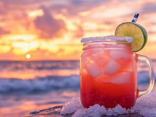 A refreshing guava and lime spritzer served in a rustic mason jar with a salted rim, set against a breathtaking Hawaiian sunset with ocean waves gently rolling in the background.