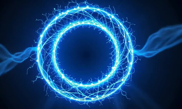 Blue Energy Circle Plasma Ball Formed By Electric Light And Bright Neon Blue. 4k