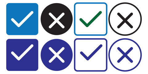 Right or wrong icons. Green tick and red cross checkmarks in circle flat icons. Yes or no symbol, approved or rejected icon for user interface.