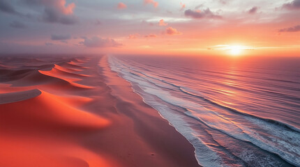 Desert dunes meet ocean at sunset. AI image