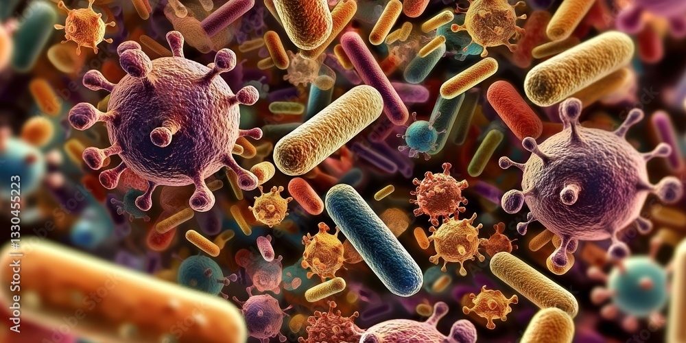 Poster exploring the vibrant world of bacteria and viruses through a detailed microscopic view of microbiol