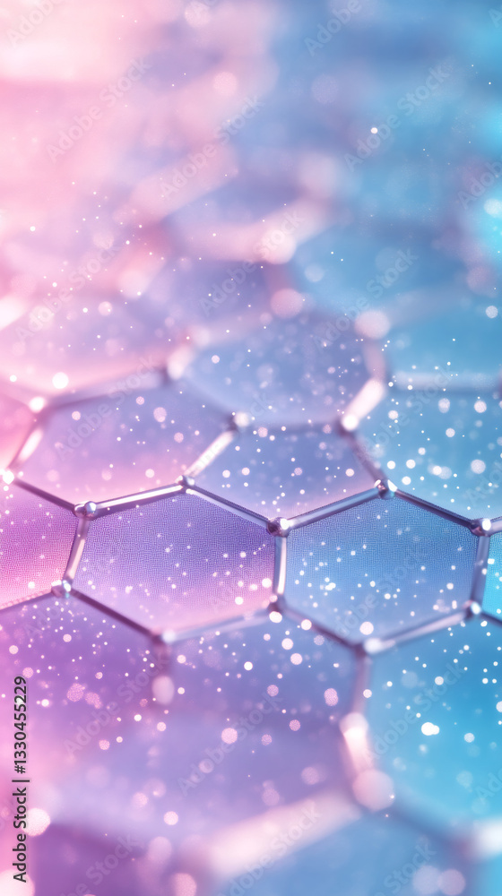 Leinwandbilder Hexagonal structure with particles floating in a colorful abstract background, ideal for technology, science or futuristic concepts