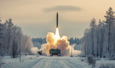 Missile battery launches powerful missile in winter forest showcasing U.S. air defense capabilities