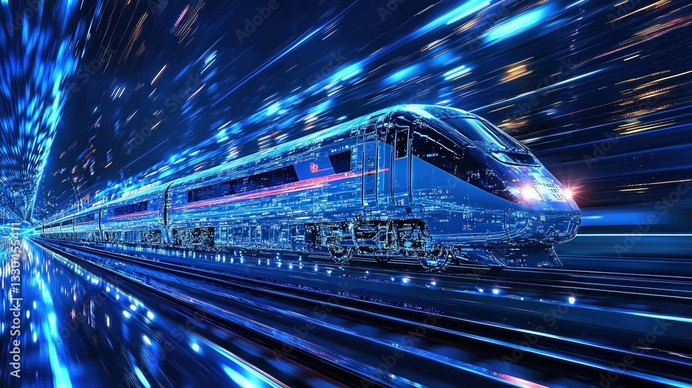 Poster fast train in motion creating a dynamic blur of lights on the tracks at night