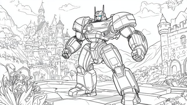 Powerful Robot Guarding a Fairy Tale Castle: Detailed Line Art for Coloring and Creative Projects