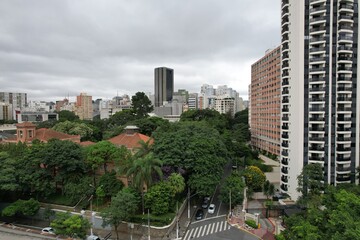 Urban landscape of Sao Paulo with greenery and modern buildings