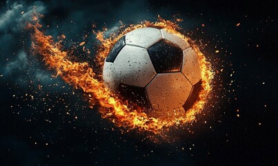 Naklejka premium Flaming soccer ball speeds through dark stormy background creating a dynamic visual spectacle