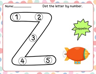 Dot the letter Z by number from 1 to 5  Kids dot the letter "Z" by following numbers and learn the word "Zeppelin" with a picture. Perfect for early learning! © nemooii