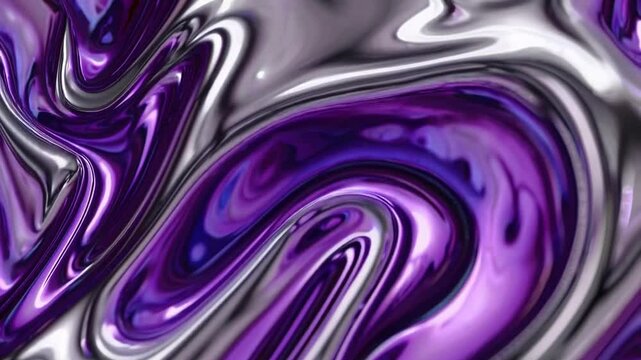 A futuristic abstract texture with liquid metallic purple and silver swirls, smooth reflective surfaces, and a dynamic high-contrast wave pattern creating a mesmerizing visual effect