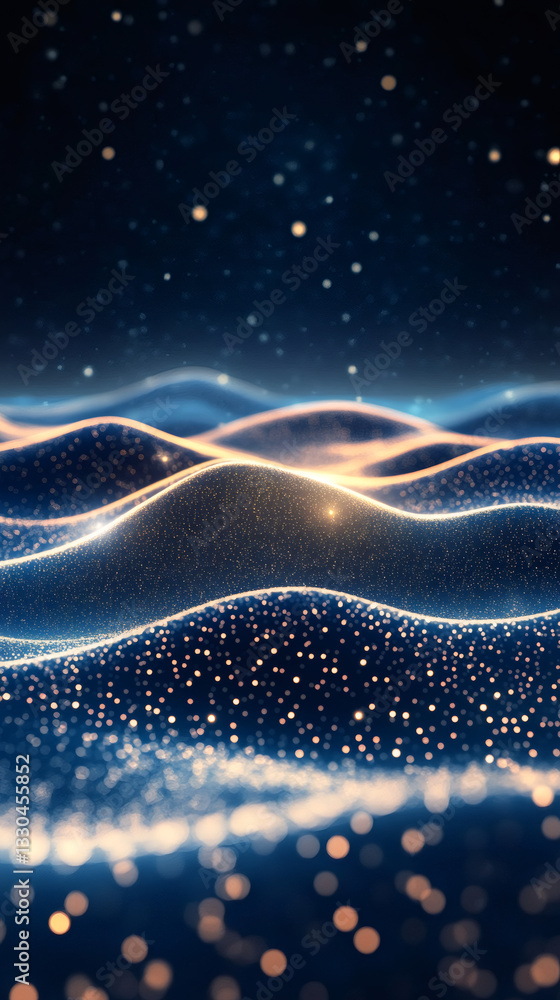 Fototapete Abstract background with golden particles flowing and forming digital waves under a starry sky, creating a magical and festive atmosphere