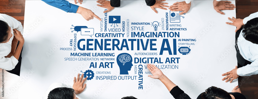 Leinwandbilder a diverse group of hands pointing at a collaborative table filled with words related to generative a
