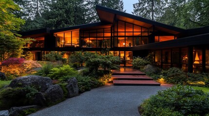 Fototapeta premium Captivating modern architecture blending seamlessly with natural elements dusk scene