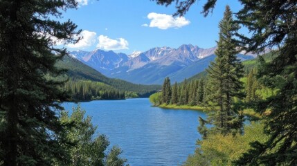 Serene mountain lake nestled in a valley framed by lush pines