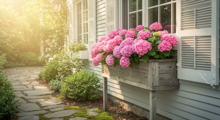 Fototapeta premium Pink Hydrangea Blossoms in Window Box Outside Cottage Home