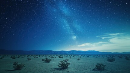 Desert landscape featuring the Milky Way beneath a clear starry night sky in a remote location