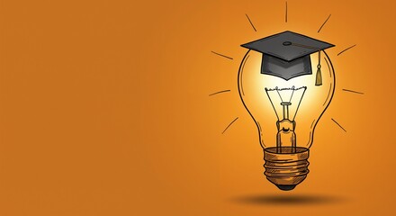Light bulb wearing a graduation cap radiating inspiration and creativity against a vibrant orange background conveying the spirit of achievement