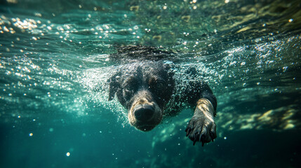 Underwater close-up shot of a Labrador swimming just below the surface, paddling with its paws and releasing air bubbles as it chases a ball