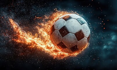 Fototapeta premium Flaming soccer ball soars through dark stormy skies with intense motion and energy