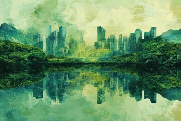 A Green Landscape Depicting City Buildings And Reflections