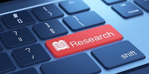 Close-Up of Computer Keyboard Featuring Bold Red "Research" Key. research, market research, academic research, business research, scientific research, research tools, data research, research analysis,