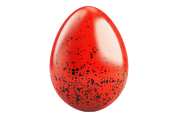 Glossy red Easter egg with black speckles isolated on white transparent background. The smooth surface and vibrant color create a striking and unique appearance