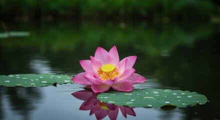 Pink Lotus Flower Floating on Water with Reflections and Dew Drops