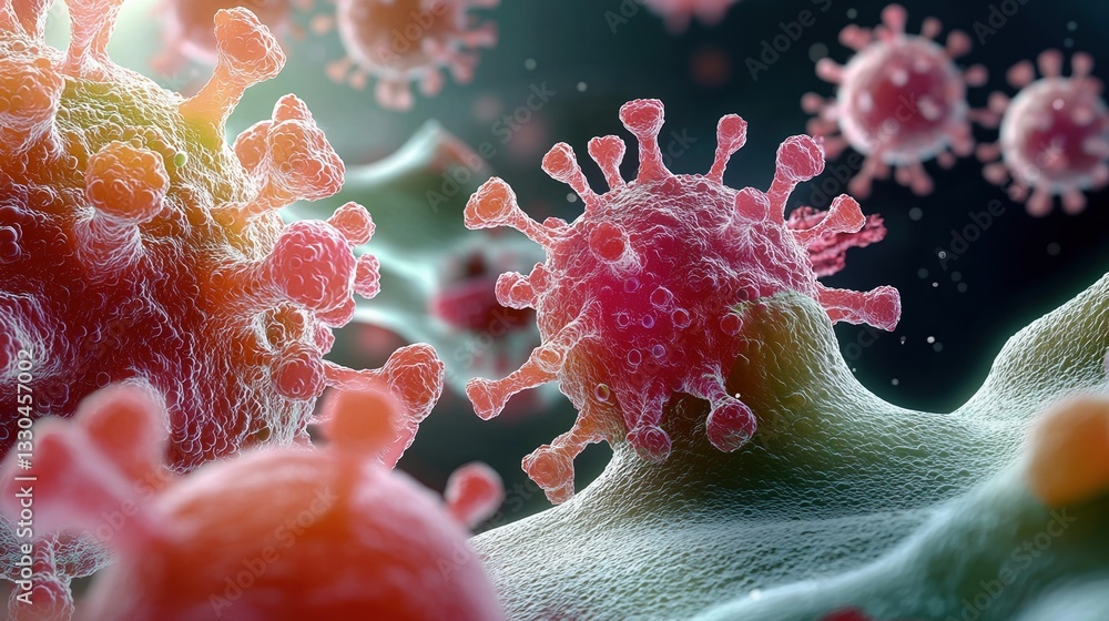 Poster viral invasion captured in microscopic detail showing the dynamic interaction between virus and host