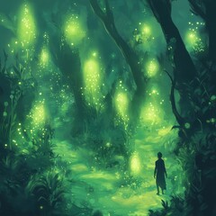 Fototapeta premium A person walks along a glowing path within a lush green forest