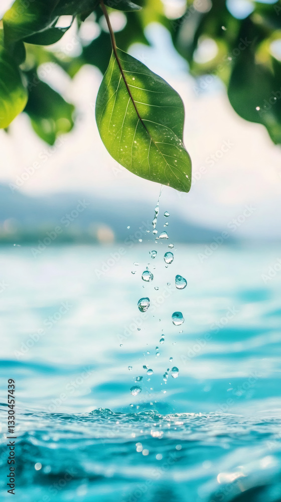 Poster water drops dripping from a green leaf into the turquoise sea, creating ripples and representing pur