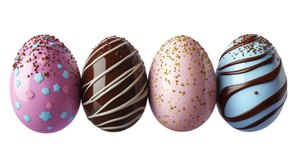 Luxurious chocolate Easter eggs pastel and dark chocolate coatings adorned with frosting, pearls, and sprinkles, isolated on white transparent background