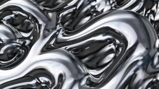 A futuristic liquid metallic silver abstract texture with a highly reflective glossy surface and smooth undulating waves creating a dynamic visual effect with fluid motion