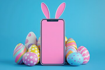 Creative Easter Phone Mockup with Bunny Ears and Festive Eggs