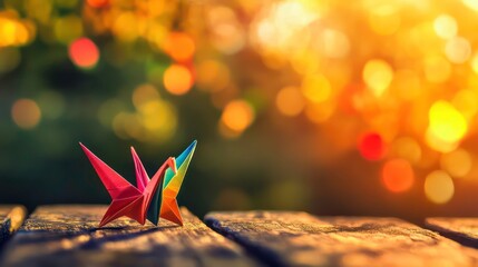 A colorful origami crane on a wooden surface with a vibrant, sunlit bokeh background