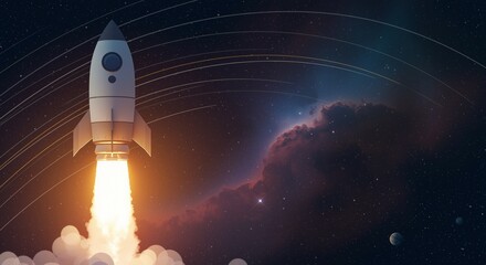 Rocket launching into space, emitting bright flames and smoke, exuding a sense of excitement and ambition against a starry cosmic background