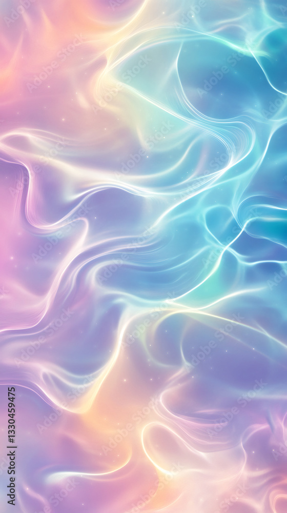 Poster Pastel colored abstract background with flowing iridescent light trails and soft glowing bokeh effect