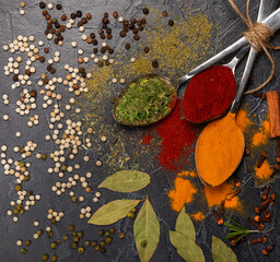 Spices turmeric and paprika in spoons and scattered. Top view.