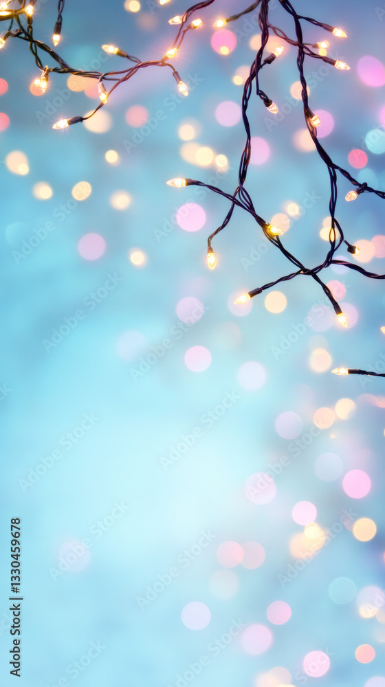 Poster glowing string lights casting soft bokeh against pastel blue background, evoking warm festive mood