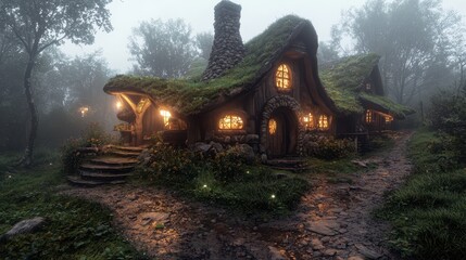 Obraz premium Enchanting Woodland Cottage with Mossy Roof and Glowing Windows in a Misty Forest at Twilight