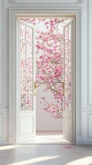 Fototapeta premium Elegant white doors open to a blossoming pink cherry tree